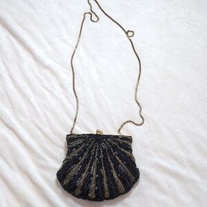 Vintage Black And Gold Beaded Sheel Purse With Gold Chain